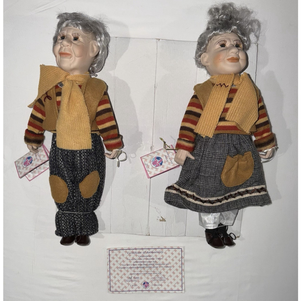 J.Misa Porcelain Doll Elderly Couple Grandma Grandpa Collectible Decor Folk Art